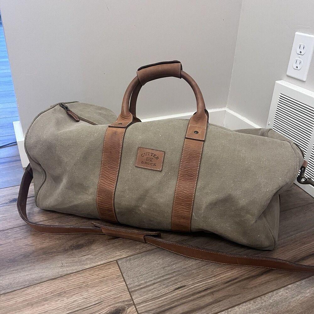 Cutter & Buck Canvas Leather Duffel Bag Travel Weekender Olive Tan 21” Turkey